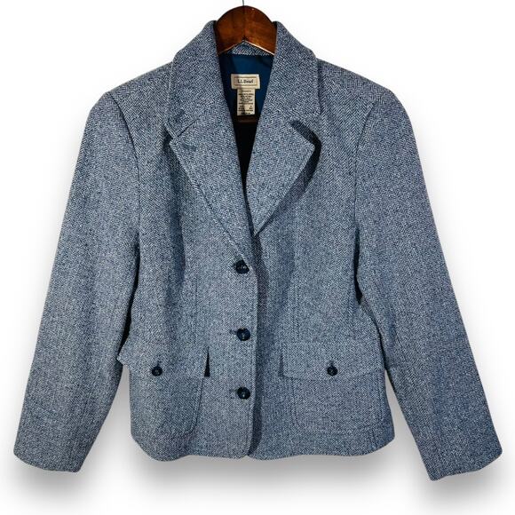 LL Bean Herringbone Tweed Blazer Wool Silk Blue Lined 3 Button Jacket Small - Picture 3 of 13